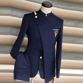 Navy Blue Men Suits Fashion New Stand Collar Latest Design Chic Male Suit Smart Casual Wedding Groom 2 Piece Set Blazer Pants Same as picture